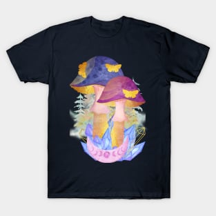 Watercolor Butterflies Crystals Mushrooms Phases of the Moon T-Shirt